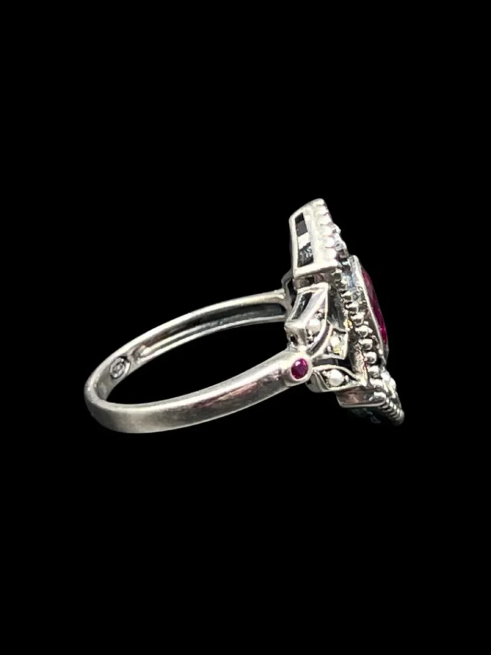 Vintage Art Deco Sterling Silver Ring With Dark Pink Red Tourmaline 925 in Box